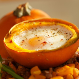Baked Eggs in Mini Pumpkins with Bacon and Butternut Squash Hash