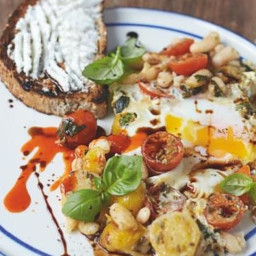 Baked Eggs in Popped Beans Cherry Tomatoes, Ricotta on Toast