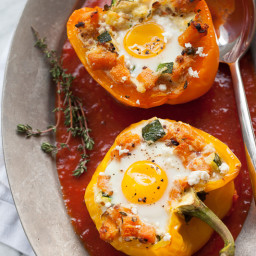 Baked Eggs in Stuffed Peppers with Sweet Potato Hash