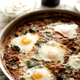 Baked Eggs in Tomatoes with Lentils and Whipped Goat Cheese