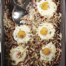 Baked Eggs with Corned Beef and Sauerkraut Hash