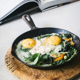 Baked Eggs with Spinach, Ricotta, Leeks and Chargrilled Pepper