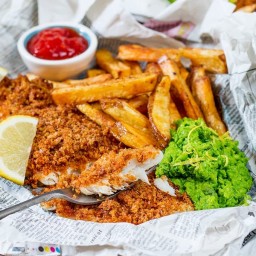 Baked Fish and Chips with Lemon Smashed Peas
