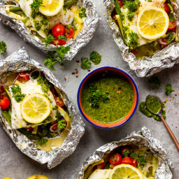 Baked Fish and Vegetables in Foil with Chimichurri Sauce