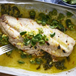 Baked fish with saffron butter and green olive salsa