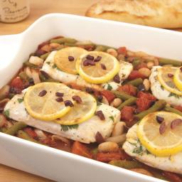 Baked Fish with Tomatoes, Beans and Olives