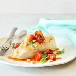 Baked Halibut with Roasted Cherry Tomatoes, Basil, and Pine Nuts