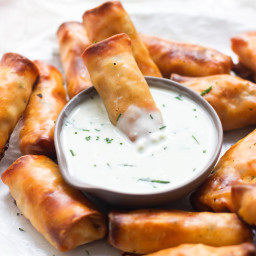 Baked Mini Buffalo Chicken Egg Rolls with Blue Cheese Sauce