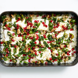 Baked Minty Rice with Feta and Pomegranate Relish