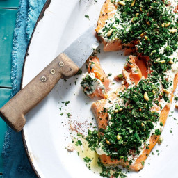 Baked ocean trout with tahini and herb salad