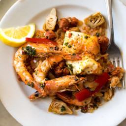 Baked ‘Paella’ With Shrimp, Chorizo and Salsa Verde