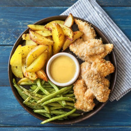 Baked Parmesan Chicken Strips with Rosemary Fries, Green Beans, and Honey M