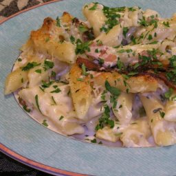 Baked Penne In A Saint Agur Mornay Sauce with Pencetta and Parmesan