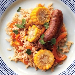Baked Rice with Sausage, Peppers, and Corn