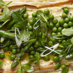 Baked ricotta tart with spring veg, mint and peashoots