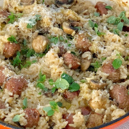 Baked risotto with mushroom and sausage