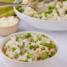 Baked Risotto with Peas, Asparagus and Pancetta