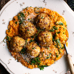 Baked Rosemary Chicken Meatballs with Tomato Orzo