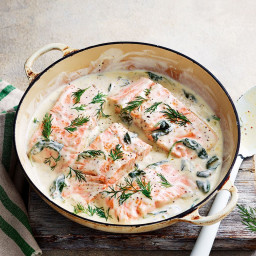 Baked salmon in a creamy maple and spinach sauce