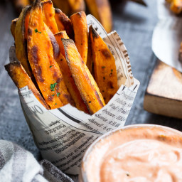 Baked Sweet Potato Fries with BBQ Ranch Dip {Paleo, Whole30}