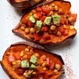 Baked Sweet Potatoes Stuffed with Chickpea Chili