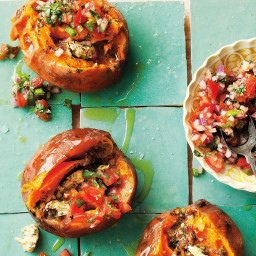 Baked sweet potatoes with chipotle butter and pico de gallo