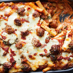 Baked Ziti With Sausage Meatballs and Spinach