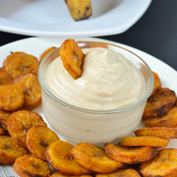 Baked plantain with a coconut cashew dip