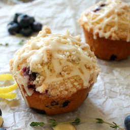 Bakery-Style Thyme Blueberry Muffins with a Mascarpone Glaze