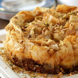 Baklava Cheesecake with Pistachios and Honey Syrup