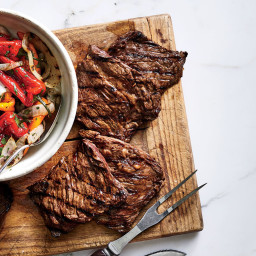 Balsamic and Soy Marinated Skirt Steaks with Charred Peppers