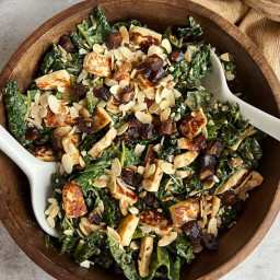 Balsamic Date Kale Salad with Fried Halloumi