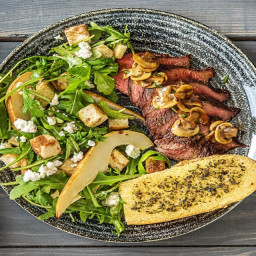 Balsamic-Drizzled Skirt Steak with Garlic Herb Toasts and Pear Salad