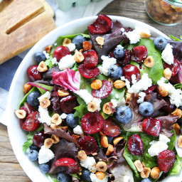Balsamic Grilled Cherry, Blueberry, Goat Cheese, and Candied Hazelnut Salad