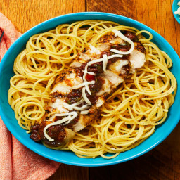 Balsamic Tomato & Herb Chicken over Buttery Garlic Spaghetti