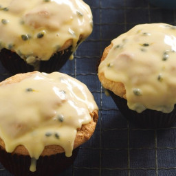 Banana muffins with passionfruit glace icing