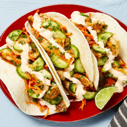 Banh-Mi-Style Chicken Tacos with Pickled Cucumber & Sriracha Mayo