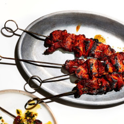 Barbecue Pork Kebabs With Blistered-Chile–Pumpkin Seed Salsa