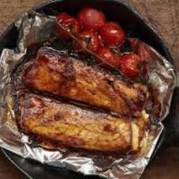 Barbecued Salmon Belly With Roasted Cherry Vine Tomatoes