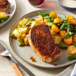 Barbecue Spice-Rubbed Pork Chops with Potato Salad & Marinated Green Be