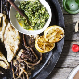 Barbecued calamari with a green tomato, herb and chilli salsa