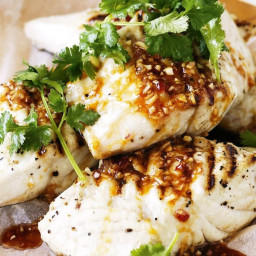 Barbecued fish with Thai dressing and coconut rice