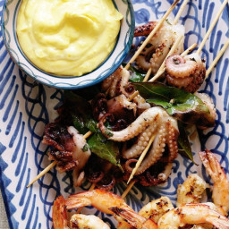 Barbecued garlic and chilli prawns with saffron mayonnaise