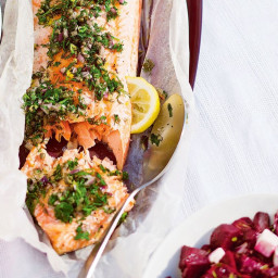 Barbecued salmon with herbs and capers