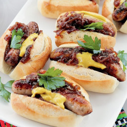 Barbecued sausage rolls with caramelised onions