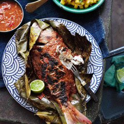 Barbecued snapper in banana leaves with sambal belacan