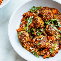 Basil-Parmesan Turkey Meatballs with Stewed Tomatoes and Rice