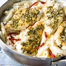 Basil Pesto Chicken with Alfredo Penne and Sun Dried Tomatoes