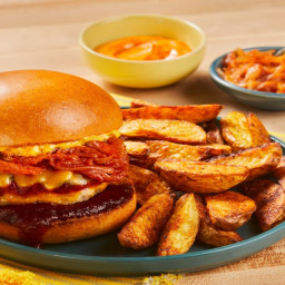 BBQ Cheddar Burgers with Chipotle Aioli & Potato Wedges