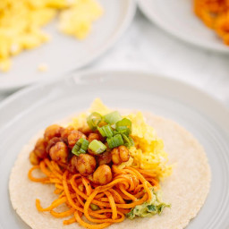 BBQ Chickpea Sweet Potato Noodle Breakfast Tacos with Eggs, Avocado Sauce a